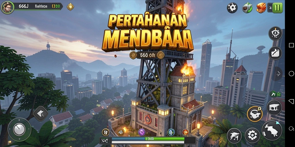Gambaran menara strategis dalam game Tower Defense 666J.