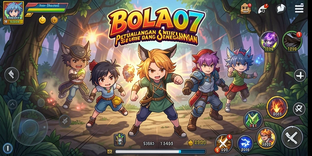 Screenshot utama BOLA07 menampilkan aksi seru karakter Anime di lapangan.