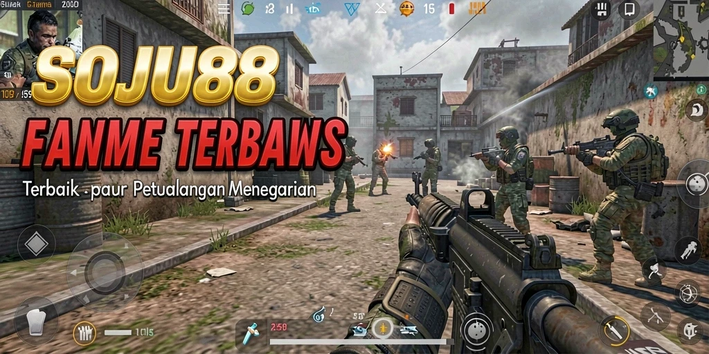 Screenshot utama SOJU88 dengan aksi gameplay FPS yang menegangkan.