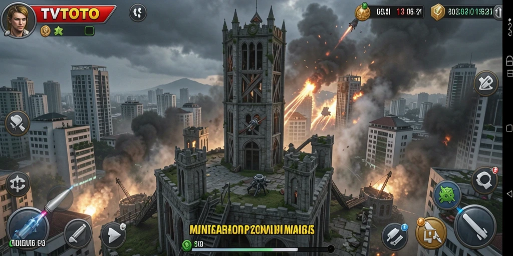 Tangkapan layar gameplay TVTOTO yang menunjukkan aksi Tower Defense yang seru.